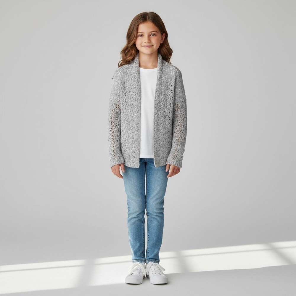 Abercrombie Girls Gray Pointelle Open Front Cardigan Sweater SZ XL 14/16 preppy